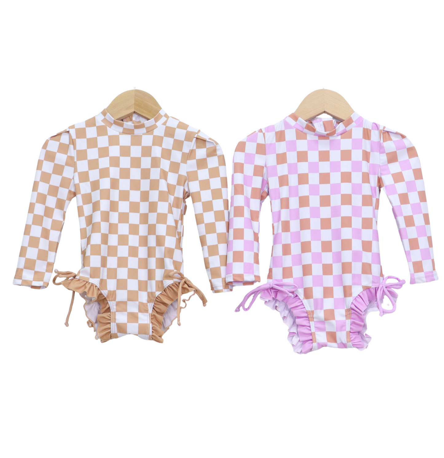 Badpak Lange Mouw Beige en Wit Geblokt met Ruches Meisjes