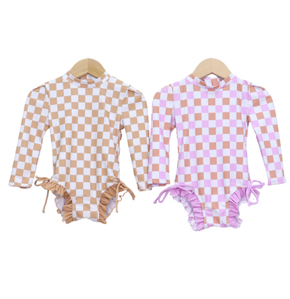Badpak Lange Mouw Beige en Wit Geblokt met Ruches Meisjes