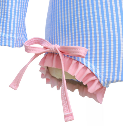 Badpak Lange Mouw Licht Blauw met Streepjes en Roze Ruches Meisjes