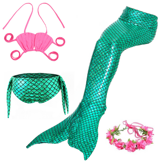 Zeemeerminstaart met bikini verkleed set Schubben Groen Metallic