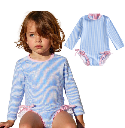 Badpak Lange Mouw Licht Blauw met Streepjes en Roze Ruches Meisjes