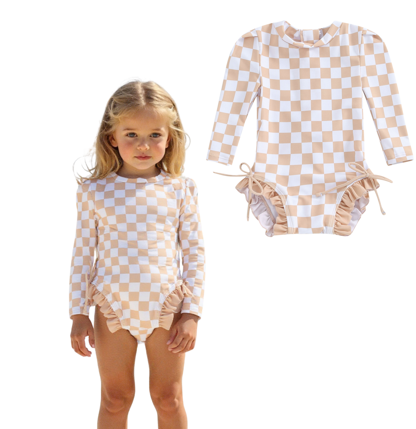 Badpak Lange Mouw Beige en Wit Geblokt met Ruches Meisjes