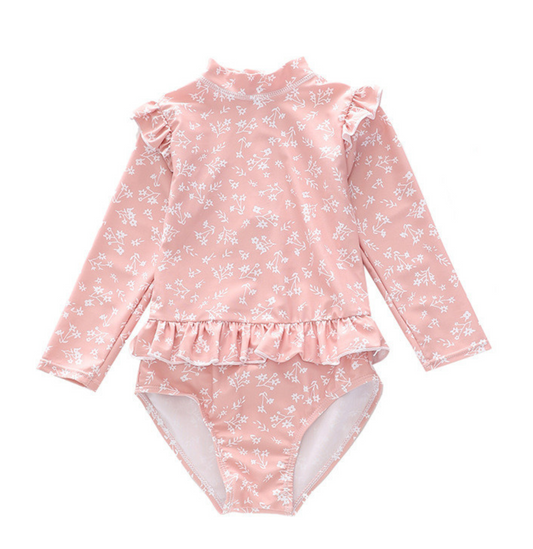 Badpak Lange Mouw Oud Roze met Bloemen print met Ruches Meisjes