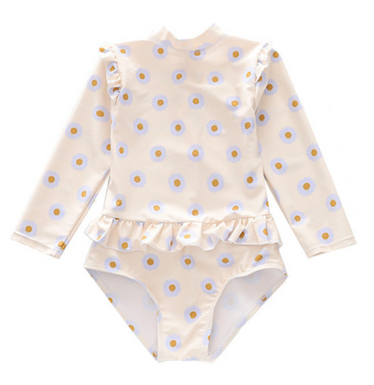 Badpak Lange Mouw Gebroken Wit met Bloemen print met Ruches Meisjes