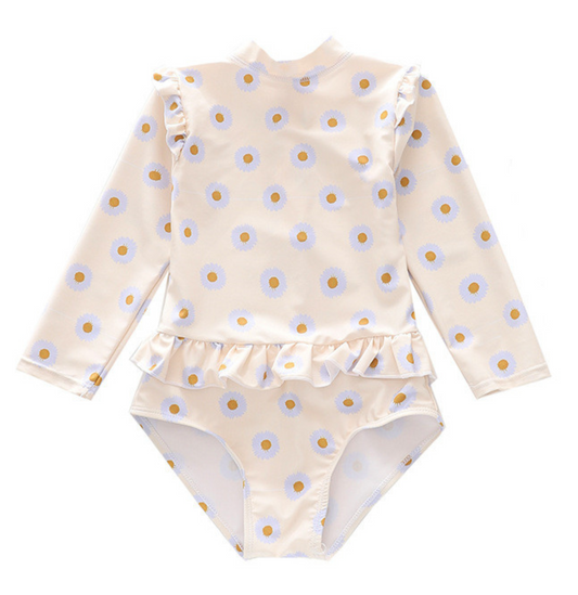 Badpak Lange Mouw Gebroken Wit met Bloemen print met Ruches Meisjes