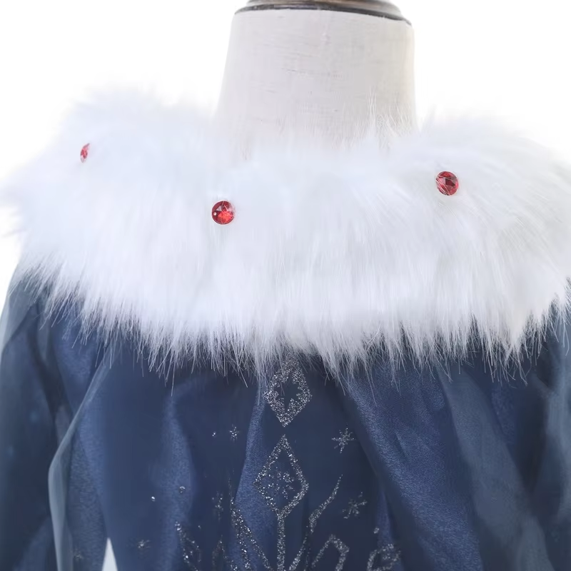 Elsa Verkleed Jurk Winter met Bontkraag Donker Blauw