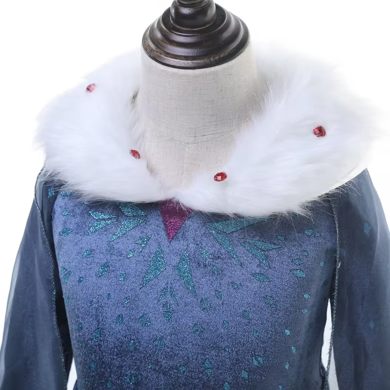 Elsa Verkleed Jurk Winter met Bontkraag Donker Blauw