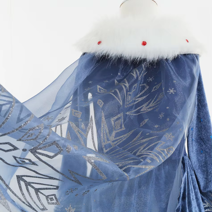 Elsa Verkleed Jurk Winter met Bontkraag Donker Blauw
