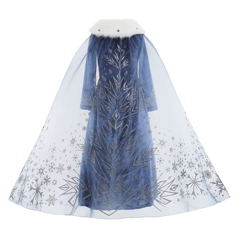 Elsa Verkleed Jurk Winter met Bontkraag Donker Blauw