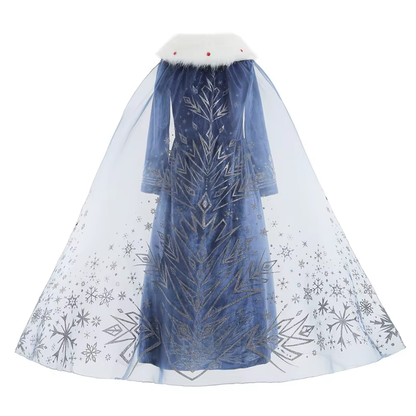Elsa Verkleed Jurk Winter met Bontkraag Donker Blauw