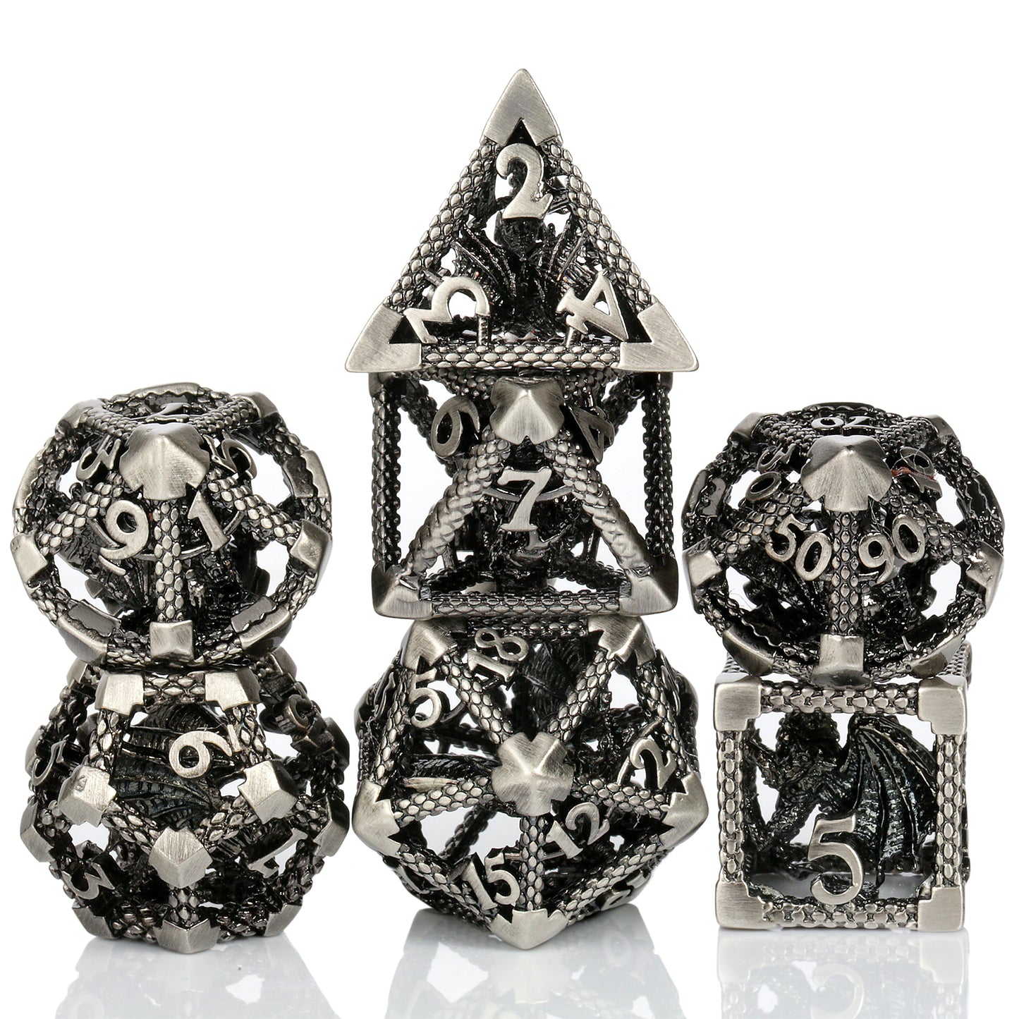 7-delige Metal Dice Set – “Dragonforge Silver Hollow Core”