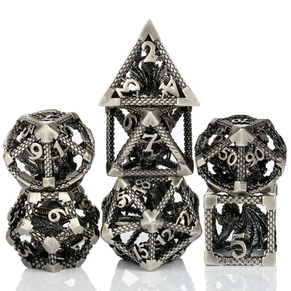 7-delige Metal Dice Set – “Dragonforge Silver Hollow Core”