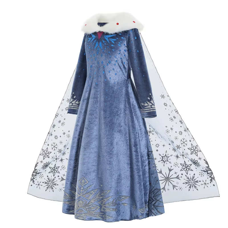 Elsa Verkleed Jurk Winter met Bontkraag Donker Blauw