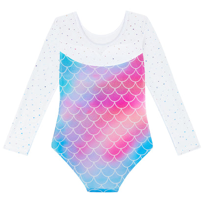 Turnpakje Meisjes met Lange Doorzichtige Mouwen Mermaid Schubben met Scrunchie