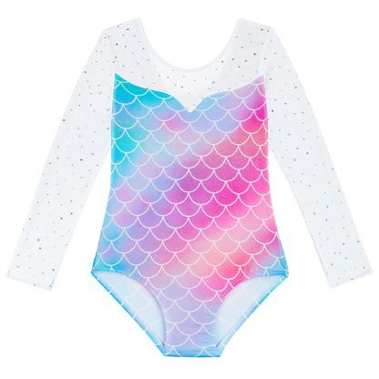 Turnpakje Meisjes met Lange Doorzichtige Mouwen Mermaid Schubben met Scrunchie
