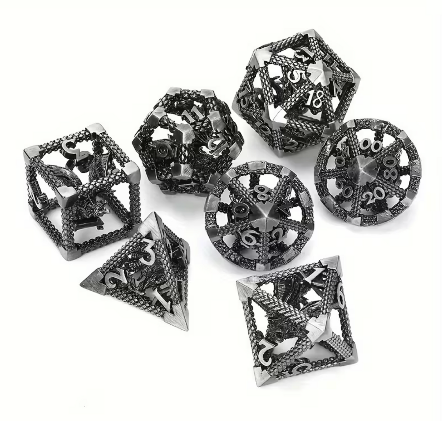 7-delige Metal Dice Set – “Dragonforge Silver Hollow Core”
