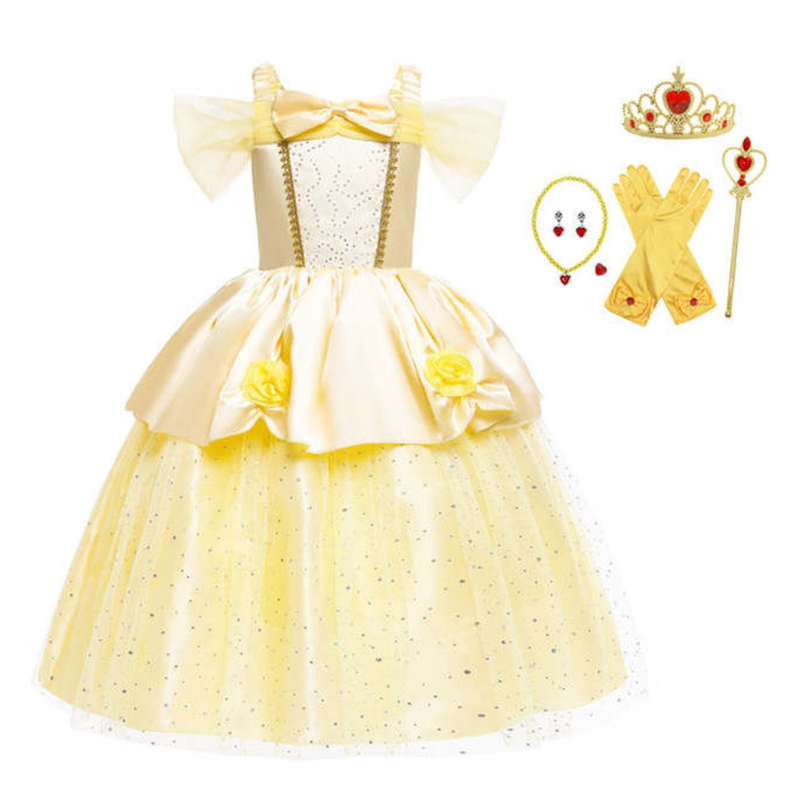 Belle Verkleedjurk met kroon, Staf, Handschoenen, Ketting, Ring & Oorbellen