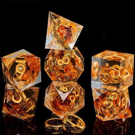 7 delige Resin Dice Set "The Ring Golden Radiance"