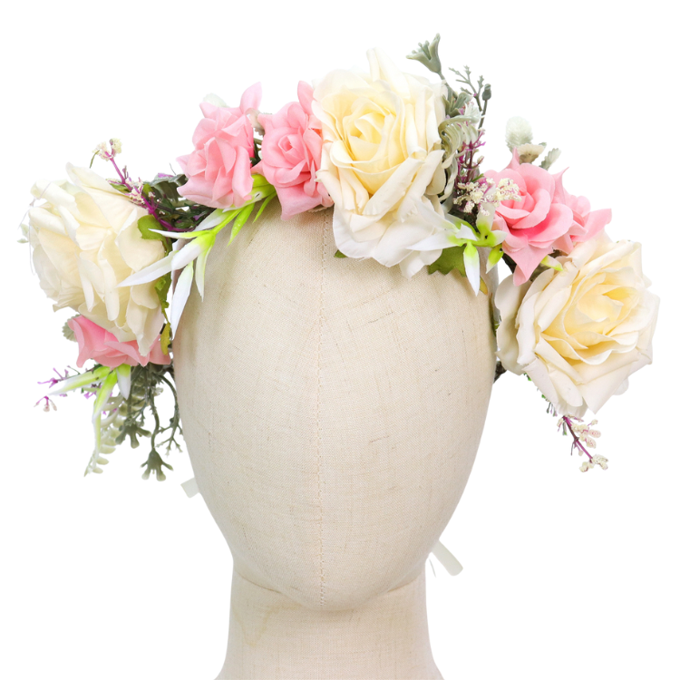Bloemenkrans Haarband Roze & Crème