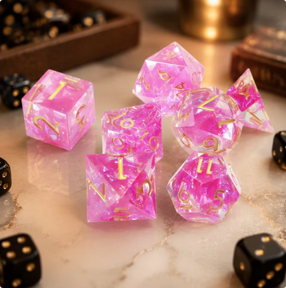 7 delige Resin Dice Set “Rosefall Prism”