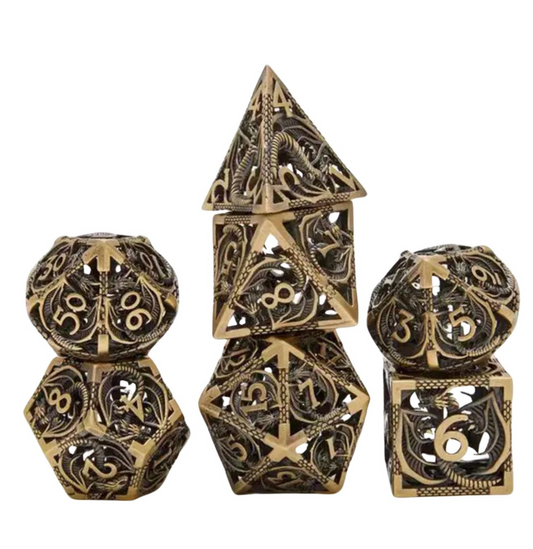 Dungeons and Dragons Dobbelsteen set Metaal Oud Goud met Draken