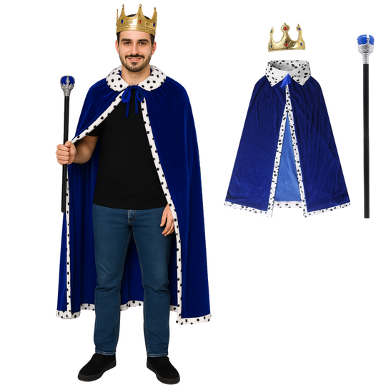 Koning cape/mantel met Kroon en staf voor volwassenen Blauw