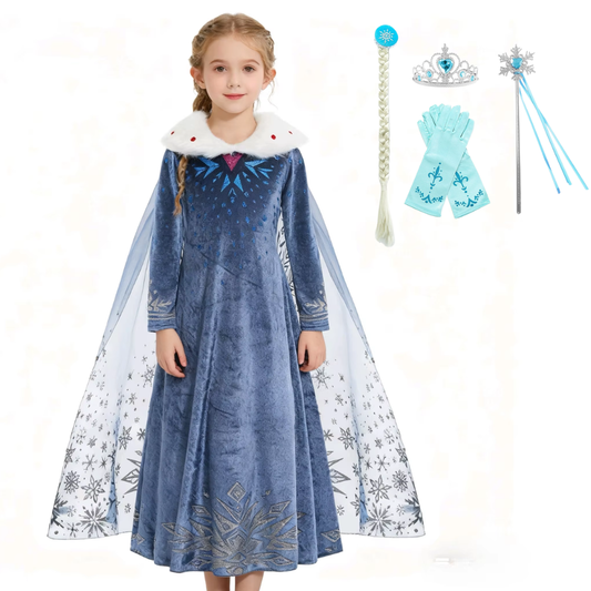 Elsa Verkleed Jurk Winter met Bontkraag Donker Blauw