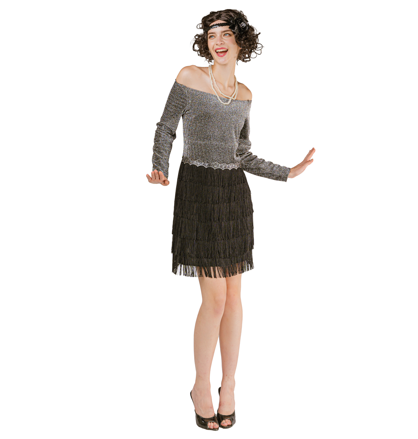 Gatsby Flapper Verkleed Jurk Dames Zilver/Zwart