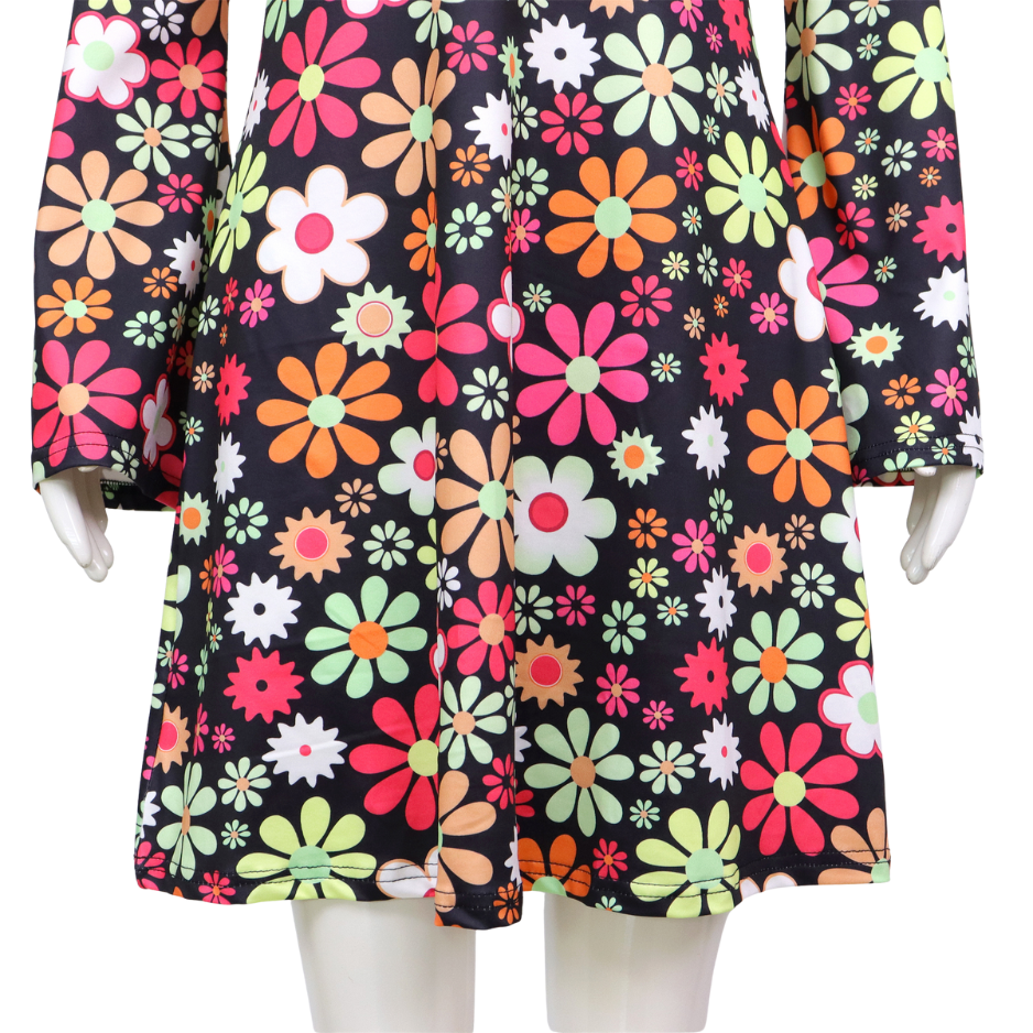 Hippie Verkleedjurk Dames Zwart met Bloemen print