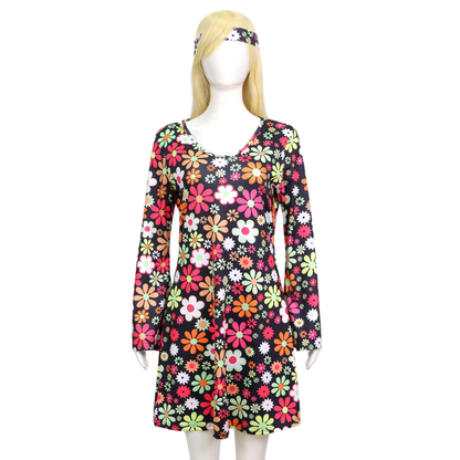 Hippie Verkleedjurk Dames Zwart met Bloemen print