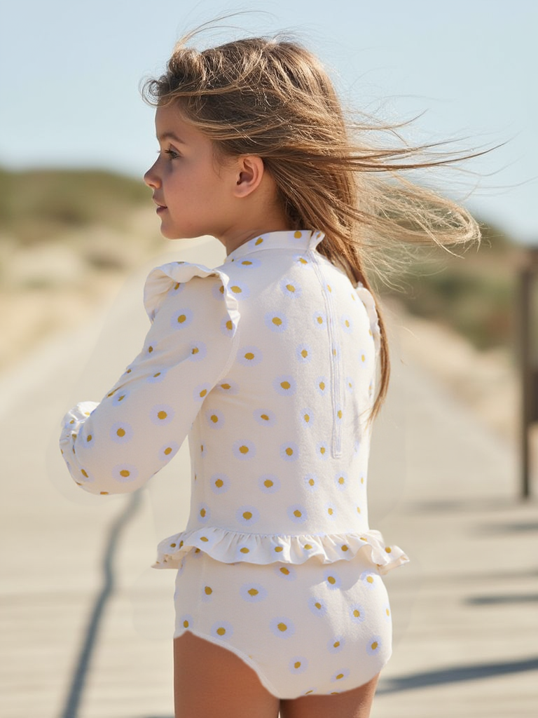 Badpak Lange Mouw Gebroken Wit met Bloemen print met Ruches Meisjes