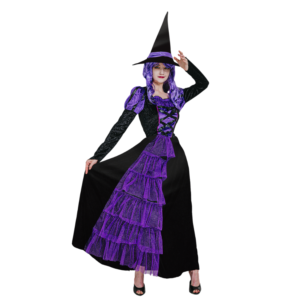 Luxe Heksenjurk Vrouw met Heksenhoed Paars