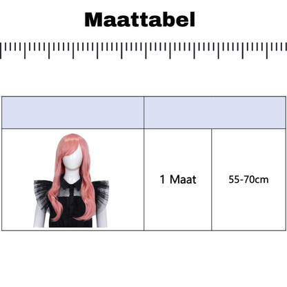 Lange roze damespruik met pony en slag