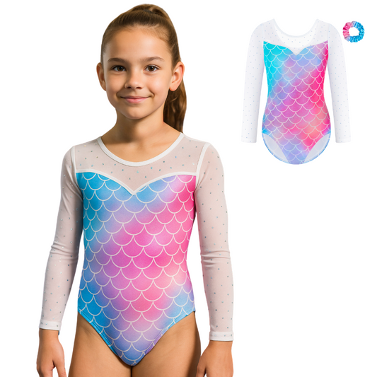 Turnpakje Meisjes met Lange Doorzichtige Mouwen Mermaid Schubben met Scrunchie