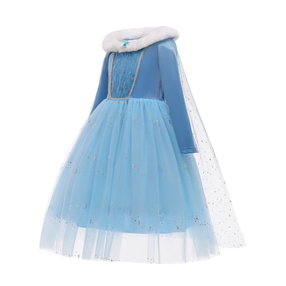 Luxe Elsa ijsprinses Winterjurk met Bontkraag Blauw