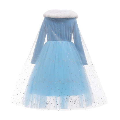 Luxe Elsa ijsprinses Winterjurk met Bontkraag Blauw
