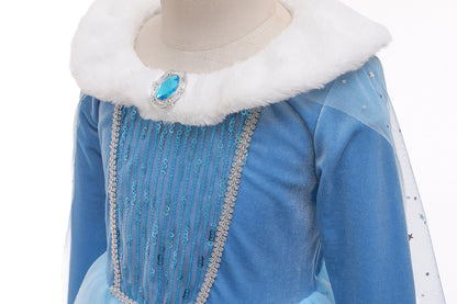 Luxe Elsa ijsprinses Winterjurk met Bontkraag Blauw