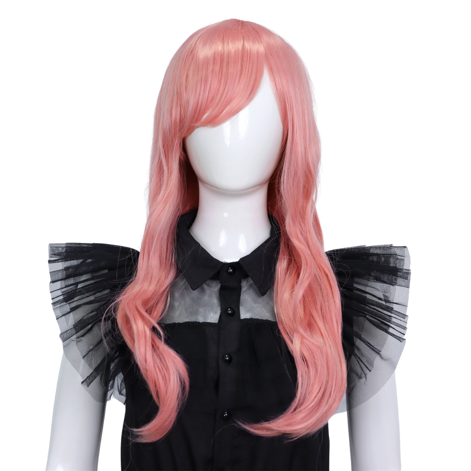 Lange roze damespruik met pony en slag