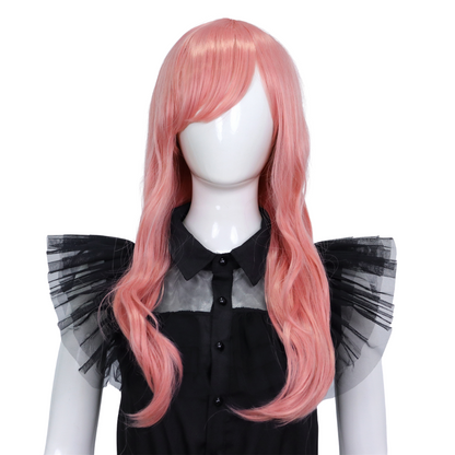 Lange roze damespruik met pony en slag