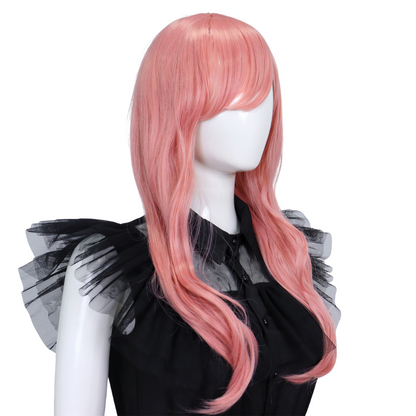 Lange roze damespruik met pony en slag