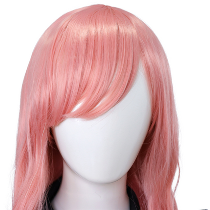 Lange roze damespruik met pony en slag