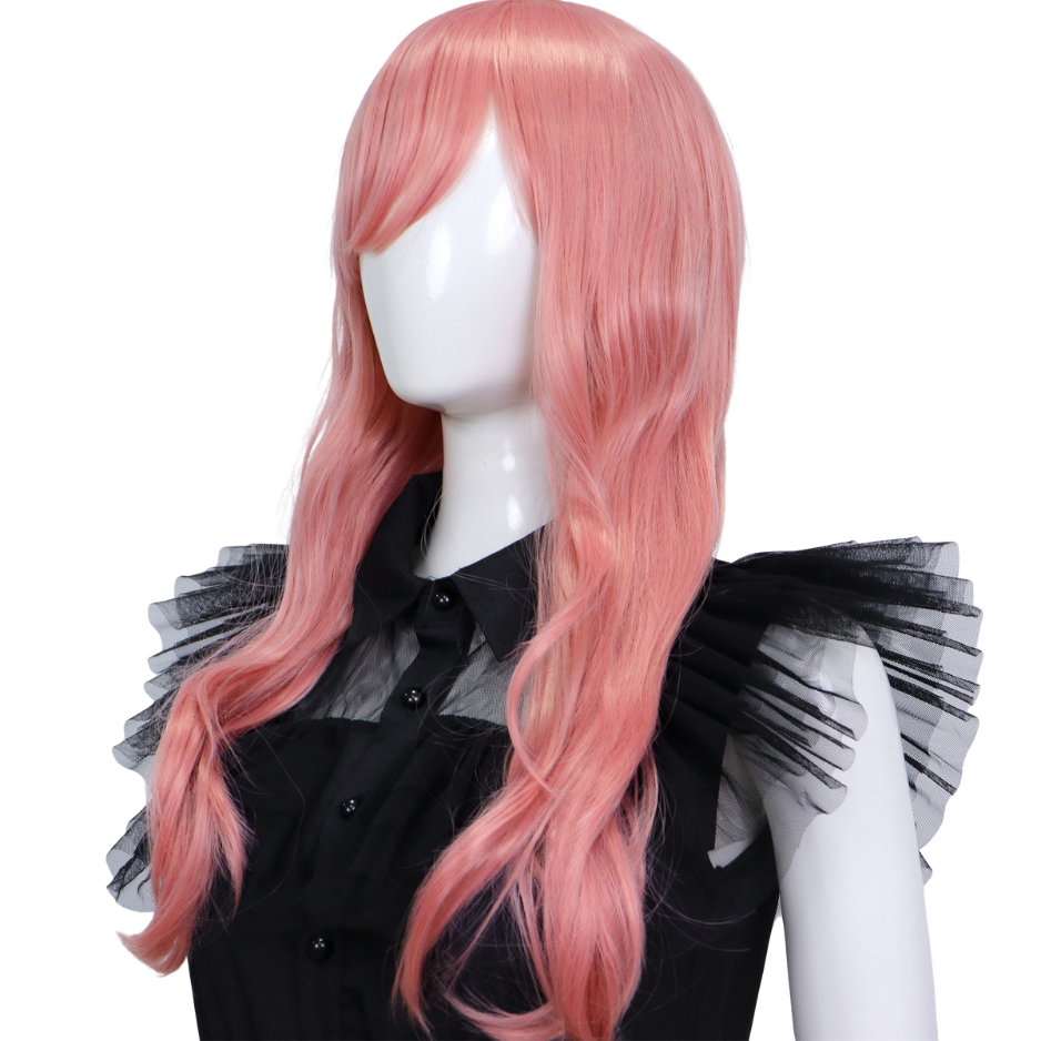 Lange roze damespruik met pony en slag