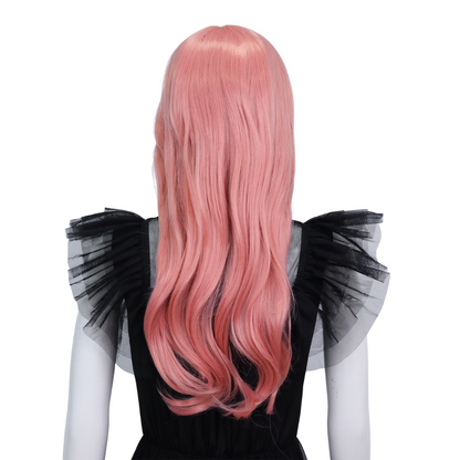 Lange roze damespruik met pony en slag