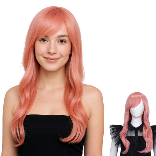 Lange roze damespruik met pony en slag