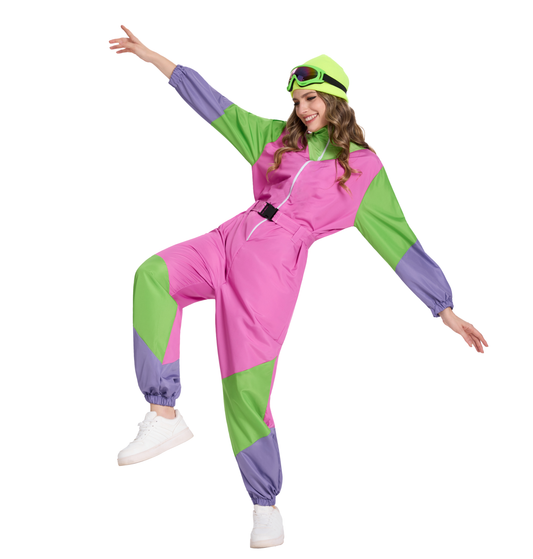 Retro Skipak Roze, Groen en Geel Dames met Skibril & Muts