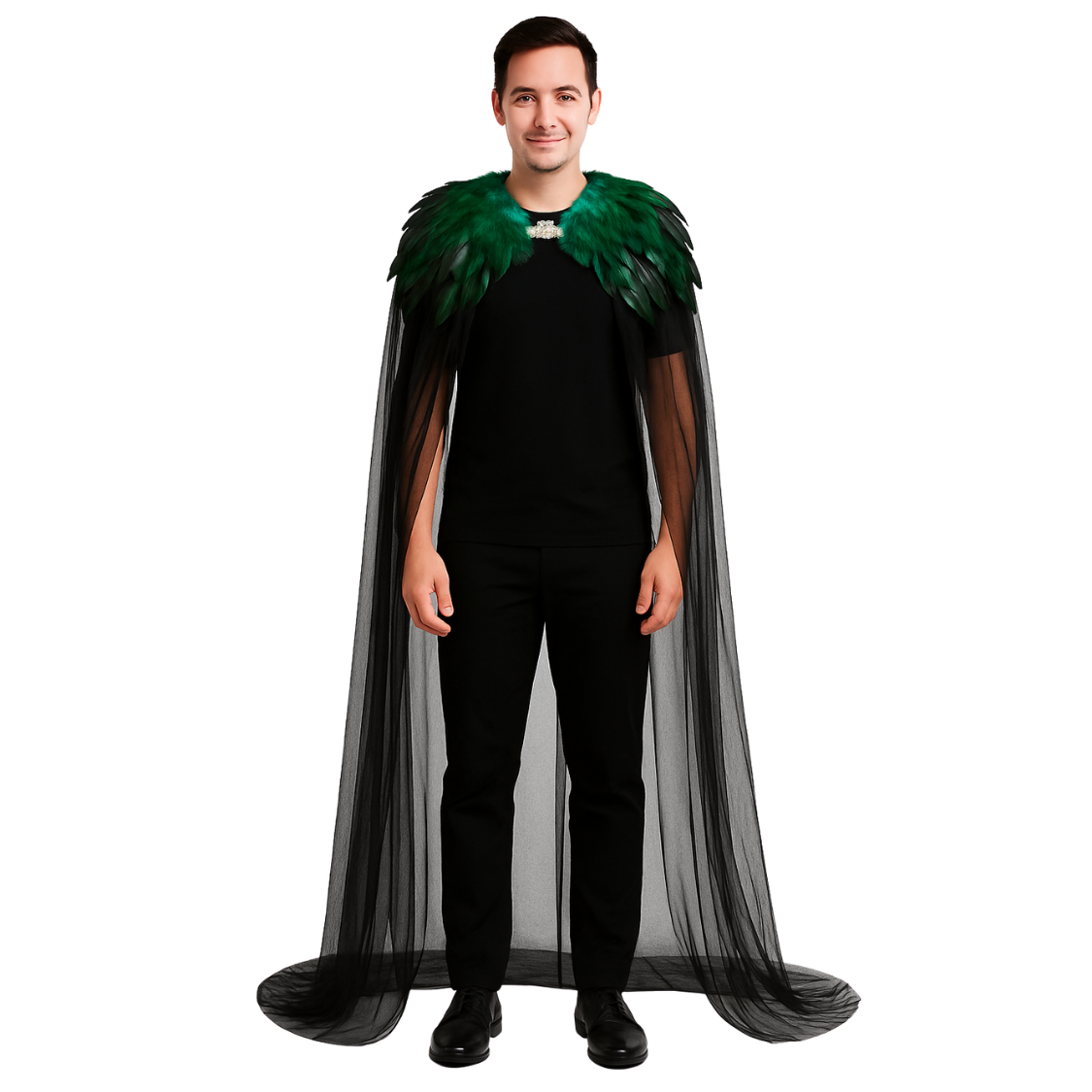 Zwarte Luxe Dramatische Cape met groene Verenkraag en broche