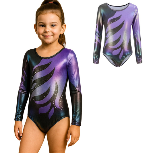 Turnpakje Meisjes met Lange Mouwen Zwart en Paars met Glitters en Strass Steentjes